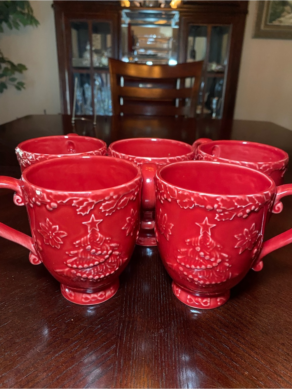 Bordallo Pinheiro Red Embossed Ceramic Christmas mugs - Set of 5 - Picture 9 of 13